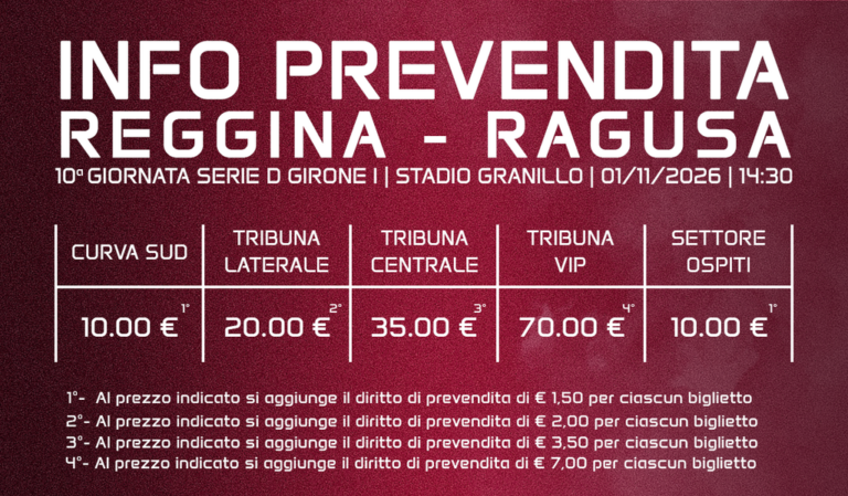 Reggina-Ragusa, prevendita lunedì 26 ottobre